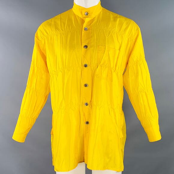 XS Yellow Wrinkled Polyester Nehru Collar Oversized Long Sleeve Shirt - Picture 1 of 12